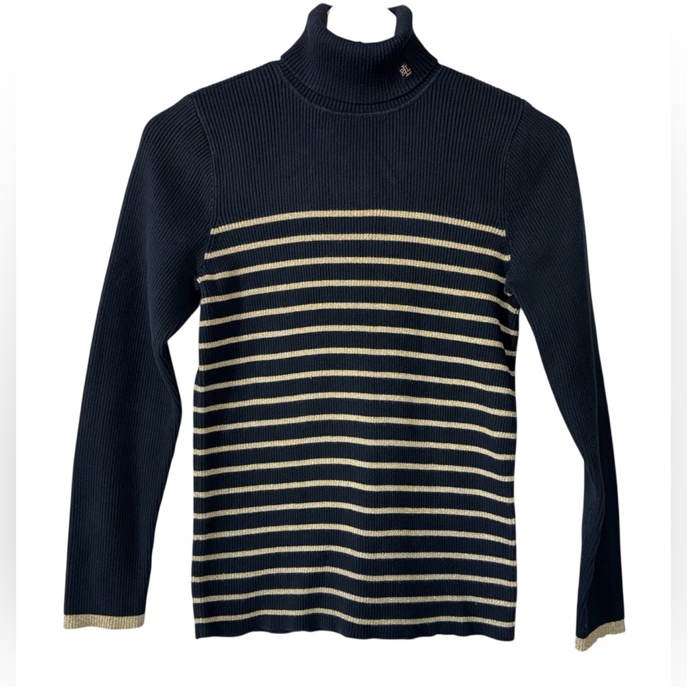 Lauren Ralph Lauren Sweater Black Gold Shimmer Striped Turtle Neck | Women’s XL